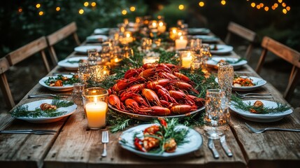 Kräftskiva celebrations come alive with a beautifully set outdoor table, adorned with vibrant crayfish, twinkling candles, and fresh greenery for a festive atmosphere.