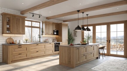 Modern Rustic Kitchen with Oak Cabinets, Black Pendants, and Natural Light V1