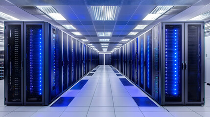 Fototapeta premium Rows of illuminated servers in a modern data center.