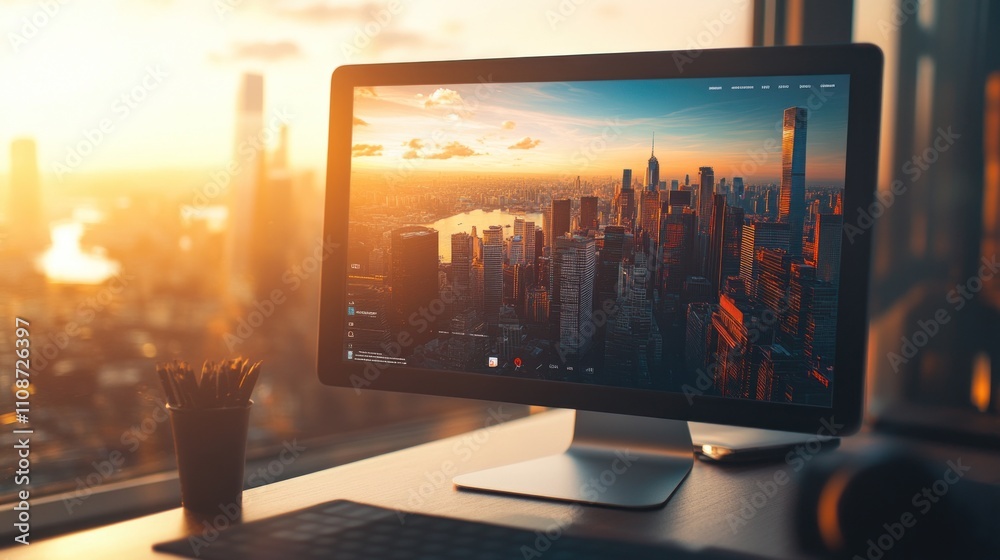 Poster Sunset Cityscape Displayed On Modern Desktop Computer