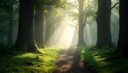 Naklejka premium Radiant Forest Path: A Serene Journey Through Sunlit Rays and Lush Greenery
