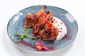 Fried Quail with Greens and White Sauce on a Plate Against a White Background