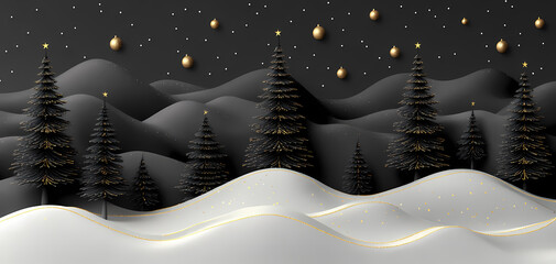 A Christmas scene featuring black and gold trees with snow.