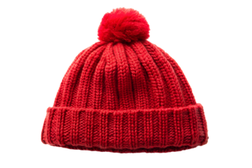 Winter wool bobble red hat on white background