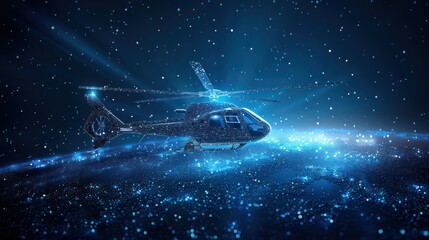 Obraz premium A futuristic digital helicopter flying over the Earth in a starry sky.