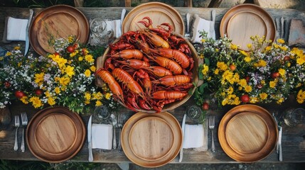 Kräftskiva celebrates summer with a vibrant display of red crayfish, adorned with yellow and white flowers, set on a rustic wooden table for a joyful feast.