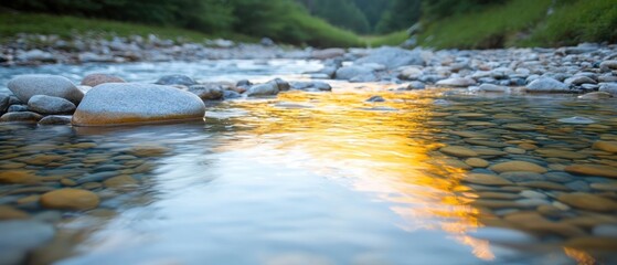 Tranquil River Scene with Smooth Stones and Reflections of Nature