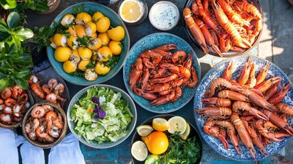 Kräftskiva showcases a vibrant feast with fresh crayfish, lemon slices, and colorful salads, set on a rustic table, perfect for celebrating summer gatherings with friends.