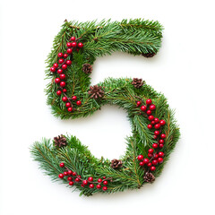 Festive Number Five 5 with Evergreen, Pine Cones, and Red Berries on White Background