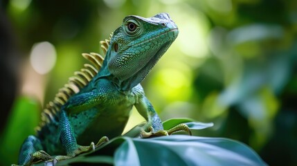 Obraz premium Green lizard close up resting on foliage. Scales and prominent spines. Natural habitat. Wildlife educational biology photo, nature project.