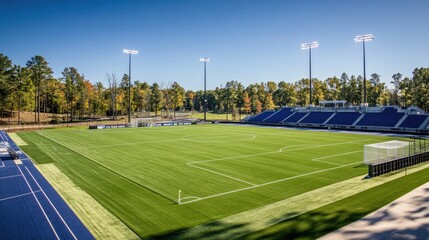 Obraz premium Modern Soccer Field Surrounded by Lush Trees on Clear Day
