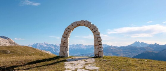 Fototapeta premium Stone Archway Overlooking Majestic Mountain Landscape in Daylight