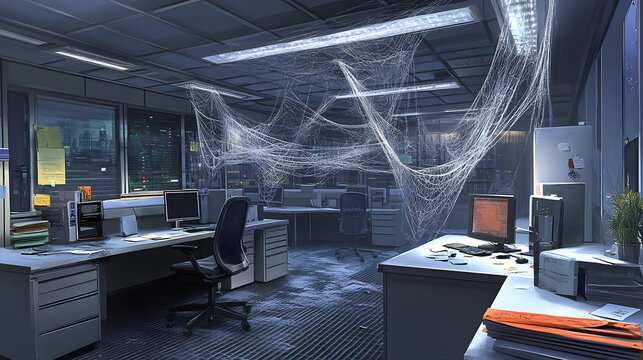 Abandoned Office with Cobwebs and City View