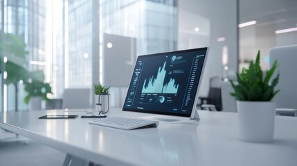 Fototapeta premium A sleek, modern office workspace featuring a computer displaying data analytics on a white desk beside potted plants and large windows.