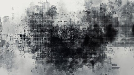 An abstract design featuring clustered pixel dots in monochromatic shades of gray, arranged to create a pixelated texture