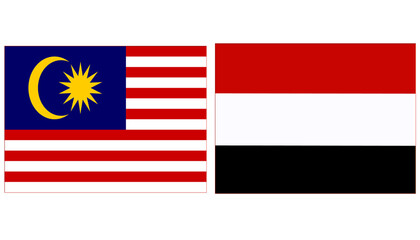 Obraz premium Malaysia national flag with Yeman Official flag, both countries flags are in Horizontal shape and isolated on white background. Rectangular colorful design Flag with together