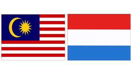 Malaysia national flag with Netherlands Official flag, both countries flags are in Horizontal shape and isolated on white background. Rectangular colorful design Flag with together