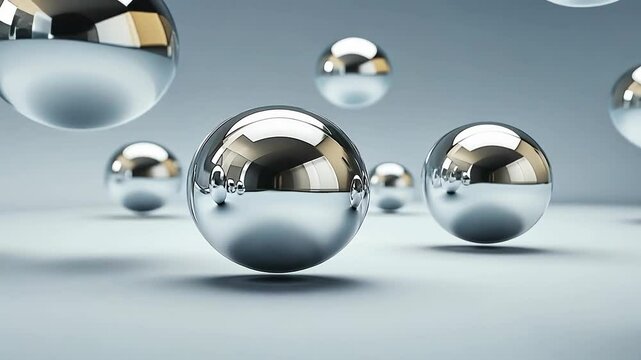 Reflective chrome spheres floating in light gray space