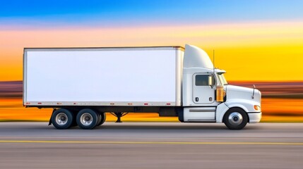 White delivery truck traveling on highway during sunset in an open landscape