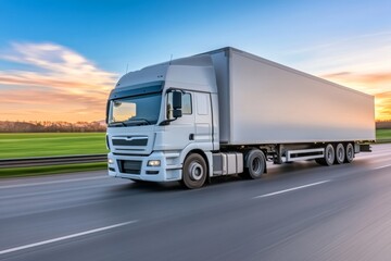 Truck traveling on a highway during sunset with clear skies and green fields