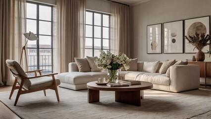 Serene Living Room with White Sectional Sofa and Chic Decor V11