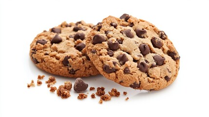 Chocolate chip cookies and crumble cracks on white background. Sweet biscuits delicious and crunchy homemade pastry.