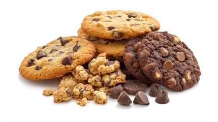 Chocolate chip cookies and crumble cracks on white background. Sweet biscuits delicious and crunchy homemade pastry.
