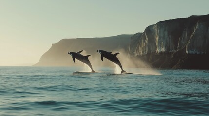 Fototapeta premium A whale gracefully breaches the surface of calm waters near striking cliffs. The surrounding landscape is shrouded in mist, creating a tranquil atmosphere.