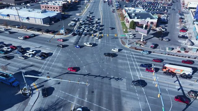 Aerial highway intersection traffic Orem Utah 1. Orem has a wide variety of stores and businesses. Malls, stores, residential neighborhoods, parks and churches.