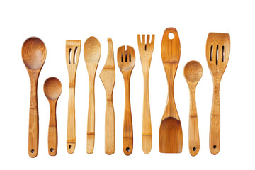 Various wooden kitchen utensils arranged neatly on a white background showcasing their unique designs and functionalities