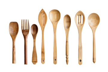 Collection of bamboo cooking utensils displayed on a white background for kitchen styling