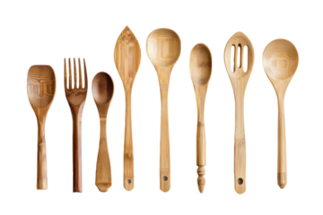 Collection of bamboo cooking utensils displayed on a white background for kitchen styling