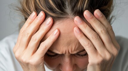 Fototapeta premium A woman clutches her head in anguish, eyes shut tight, vividly portraying an intense moment of stress or pain.