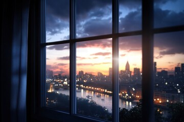 A city skyline is visible through a window at sunset