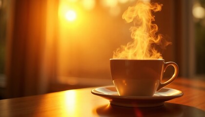 Obraz premium Coffee in Golden Hour Background, Radiant Scene with Sunlight Streaming Through Window onto Steaming Coffee Cup, Soft Shadows and Golden Hues, Calm and Inspiring