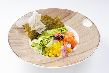  Salmon Poke Bowl with Cucumber, Nori, Beans, and Avocado Against a White Background