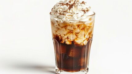 A glass of iced coffee with whipped cream, isolated on white