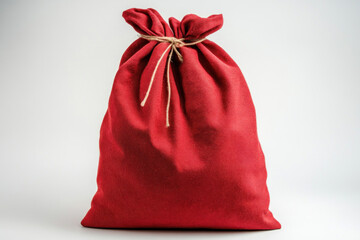 Red bag with white drawstring straps laying on a grassy field under a clear blue sky.