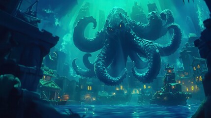 Epic underwater adventure mythical creature emerges enchanted city digital art mystical environment dramatic viewpoint