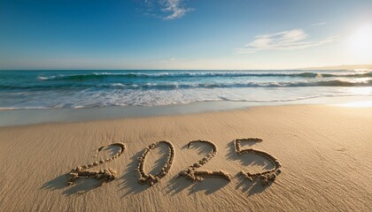 Obraz premium Welcome 2025: A Sunny Beach Scene of New Beginnings