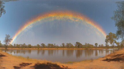 Vibrant rainbow reflection over tranquil lake in nature panoramic viewpoint serene environment