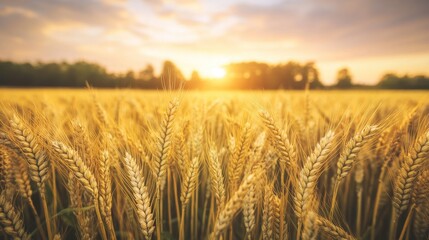 Naklejka premium Golden Wheat Field at Sunset in Rural Landscape