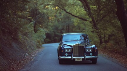 Vintage car parked on green tree-lined street. Classic beauty. Elegance of a bygone era. Old fashion retro auto. Summer park area. Automobile drive.