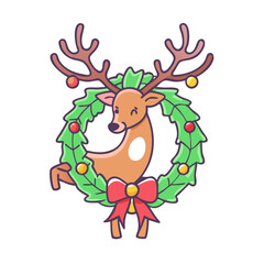 reindeer with wreath vector icon, christmas vector illustration - simple illustration of areindeer with wreath, symbolizing holiday celebrations and festive spirit. christmas flat illustration.