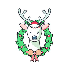 reindeer with wreath vector icon, christmas vector illustration - simple illustration of areindeer with wreath, symbolizing holiday celebrations and festive spirit. christmas flat illustration.