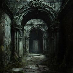 Fototapeta premium Mysterious stone archways in an ancient, overgrown ruin.