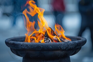 Gathering around a roaring bonfire or barbecue pit with friends and family in a blurred background