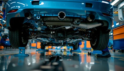 Expert technician performing in depth inspection of car suspension system for safety and performance