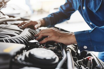 Skilled mechanic analyzing car engine with precision tools against a blurred bokeh background