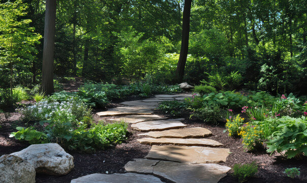 Serene stone pathway winding through lush forest peace